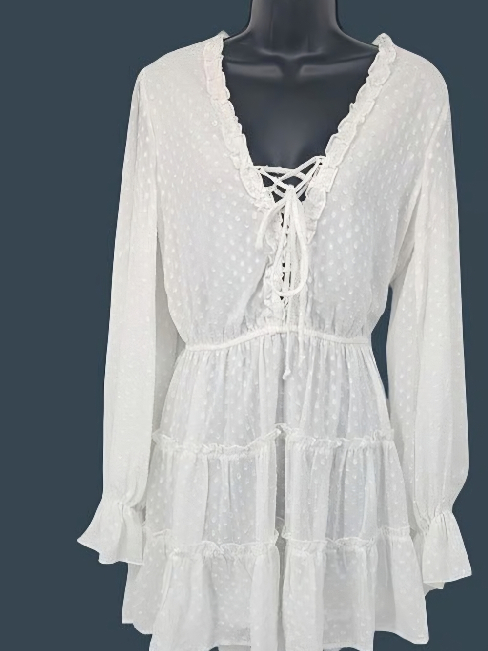 Venus Mini Dress Swiss Dot Lace Up Tiered Ruffle Romantic Coquette Sheer